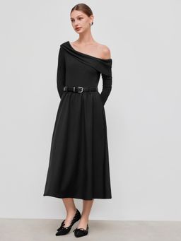 Cider - Asymmetrical Neck Ruffle Midi Dress With Belt