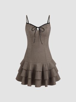 Cider - U-neckline Houndstooth Knotted Ruffle Layered Mini Dress