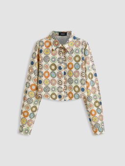 Cider - Abstract Graphic Cropped Long Sleeve Blouse