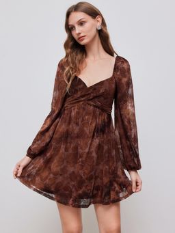 Cider - Mesh Sweetheart Floral Ruffle Long Sleeve Mini Dress