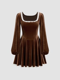 Cider - Velvet Scoop Neckline Lace Trim Ruffle Mini Dress