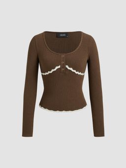 Cider - Scoop Neckline Lace Trim Long Sleeve Top