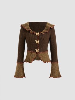 Cider - Wool-blend Knit Collar Lettuce Trim Butterfly Button Long Sleeve Top