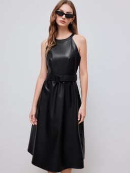 Cider - Faux Leather Halter Neckline Cut Out Midi Dress With Belt