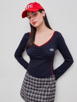 Cider - 90 V-neck Graphic Contrasting Binding Long Sleeve Top
