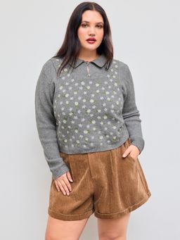 Cider - Knit Polo Floral Long Sleeve Top Curve & Plus