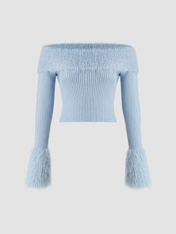Cider - Knit Off-shoulder Solid Faux Fur Sleeve Crop Top