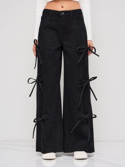 Cider - Denim Low Rise Bowknot Wide Leg Jeans