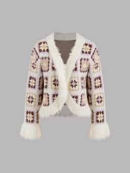 Cider - Knit V-neck Print Oversized Cardigan With Faux Fur Trim