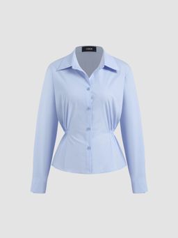 Cider - Collar Solid Cinched Waist Long Sleeve Blouse