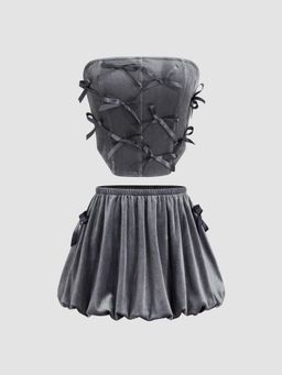 Cider - Velvet Bowknot Crop Tube Top & Low Rise Bubble Hem Mini Skirt Set