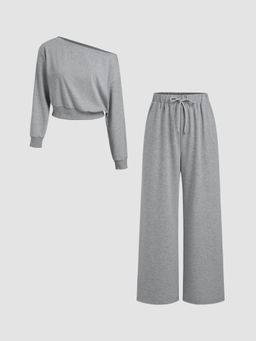 Cider - Terry Asymmetrical Neck Solid Crop Top & Mid Rise Elastic Waist Knotted Wide Leg Trousers