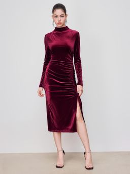 Cider - Velvet High Neck Drawstring Ruched Maxi Dress