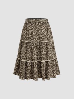 Cider - Mid Rise Floral Contrasting Lace Maxi Skirt Curve & Plus