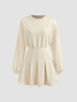 Cider - Round Neckline Pleated Long Sleeve Mini Dress