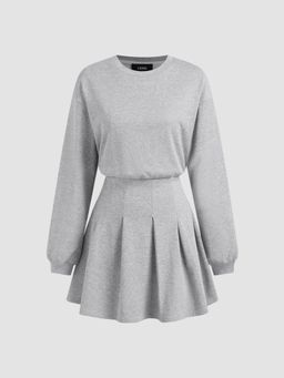 Cider - Round Neckline Pleated Long Sleeve Mini Dress