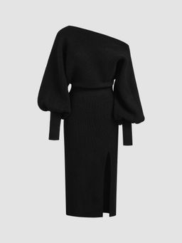Cider - Knit Boat Neck Split Puff Long Sleeve Midi Dress