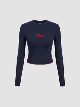 Cider - Chili Graphic Embroidery Contrasting Binding Long Sleeve Tee