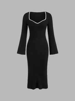 Cider - Knit Sweetheart Contrasting Binding Midi Dress
