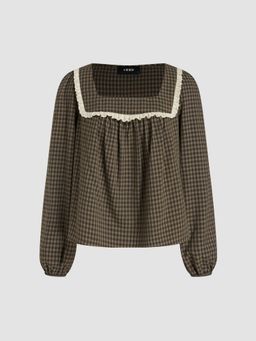 Cider - Square Neck Gingham Lace Trim Long Sleeve Blouse