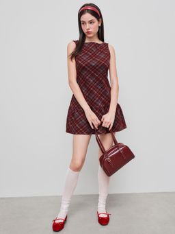 Cider - Wool-look Boat Neck Plaid Ruffle Hem Mini Dress
