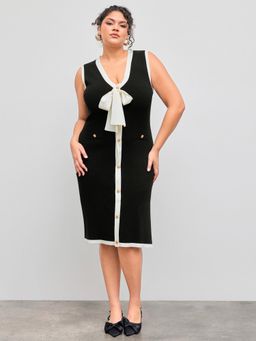 Cider - Knit V-neck Contrasting Binding Bowknot Midi Dress Curve & Plus