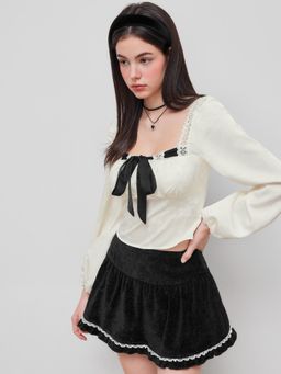 Cider - Square Neck Knotted Long Sleeve Blouse
