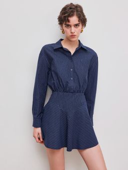 Cider - Collar Striped Ruffle Mini Shirt Dress