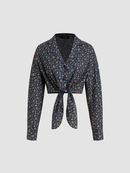 Cider - Collar Ditsy Floral Knotted Long Sleeve Blouse