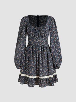 Cider - Square Neck Floral Knotted Long Sleeve Mini Dress