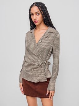 Cider - Notched Collar Check Wrap Long Sleeve Shirt