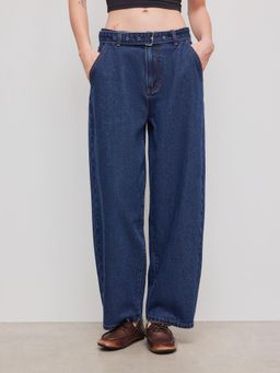Cider - Denim Mid Rise Barrel-leg Jeans With Belt