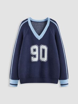 Cider - 90 Knit V-neck Graphic Contrasting Binding Top