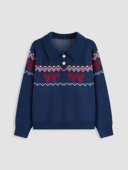 Cider - Knit Collar Bowknot Long Sleeve Top Curve & Plus