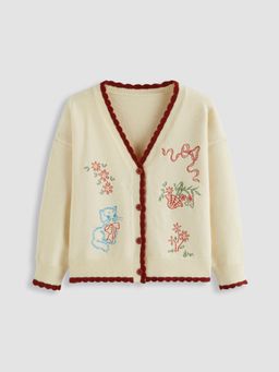 Cider - Knit V-neck Cat Floral Contrasting Binding Cardigan Curve & Plus