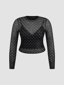Cider - Round Neckline Polka Dot Long Sleeve Top & Solid Cami Top Curve & Plus