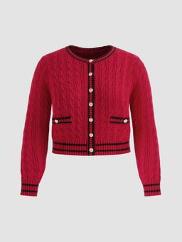 Cider - Cable Knit Round Neckline Contrasting Binding Crop Cardigan Curve & Plus