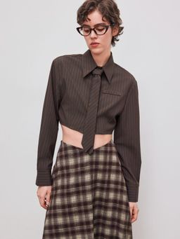Cider - Collar Striped Cropped Long Sleeve Shirt With Tie