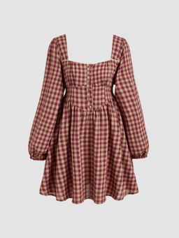 Cider - Cotton-blend Square Neck Gingham Lace Up Ruffle Mini Dress