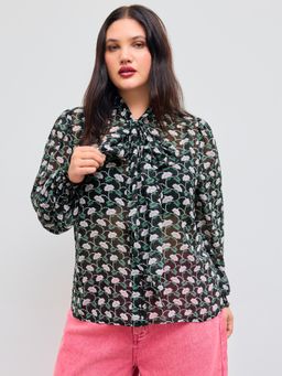 Cider - Chiffon Stand Collar Floral Knotted See-through Blouse Curve & Plus