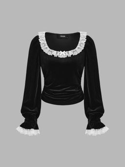 Cider - Velvet Square Neck Ruched Lace Bell Sleeve Top