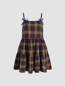Cider - Woven Square Neck Tartan Bowknot Mini Dress