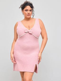 Cider - Knit V-neck Bowknot Split Mini Dress Curve & Plus