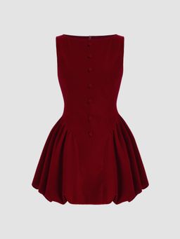 Cider - Velvet Boat Neck Ruffle Bubble Hem Mini Dress