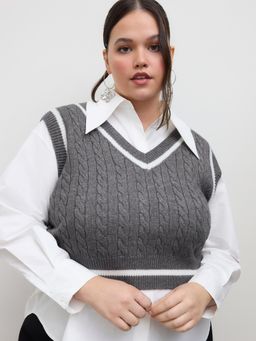 Cider - Cable Knit V-neck Contrasting Binding Vest Curve & Plus