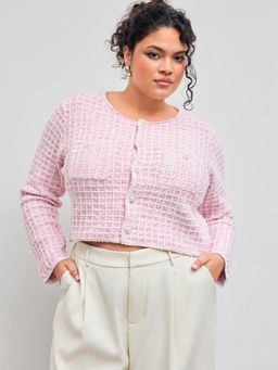 Cider - Knit Round Neckline Check Crop Oversized Cardigan Curve & Plus