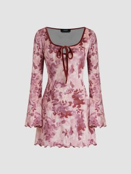 Cider - Velvet U-neckline Floral Ruffle Hem Mini Dress