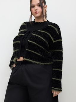 Cider - Knit V-neck Stripe Knotted Cardigan Curve & Plus