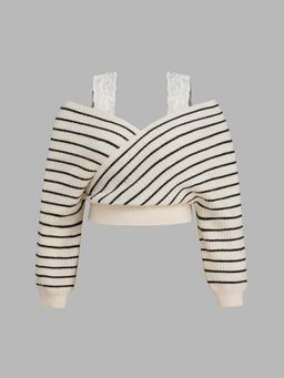 Cider - Knit Off-shoulder Striped Lace Trim Wrap Crop Oversized Top Curve & Plus