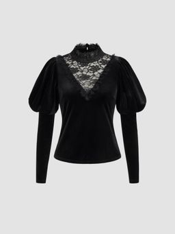 Cider - Velvet High Neck Lace Puff Long Sleeve Top